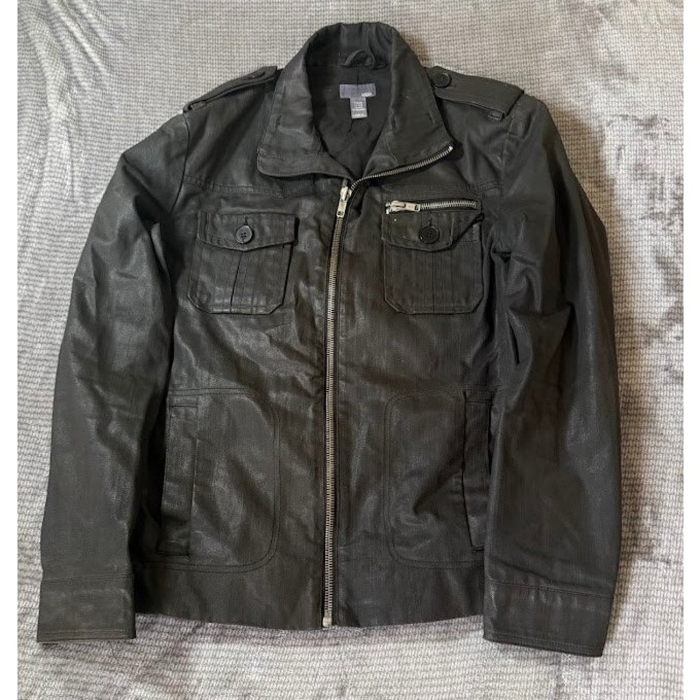 HM Mens Black Waxed Coated Cotton Military Field Jacket Zip Utility Coat 40R